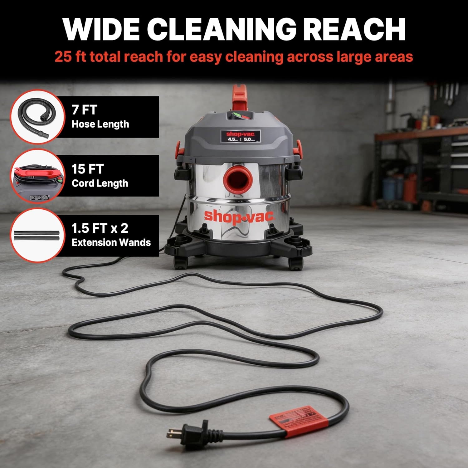Shop-Vac® 5 Gallon Ultra Quiet Stainless Steel 4.5Peak HP Wet/Dry Vacuum - Image 8